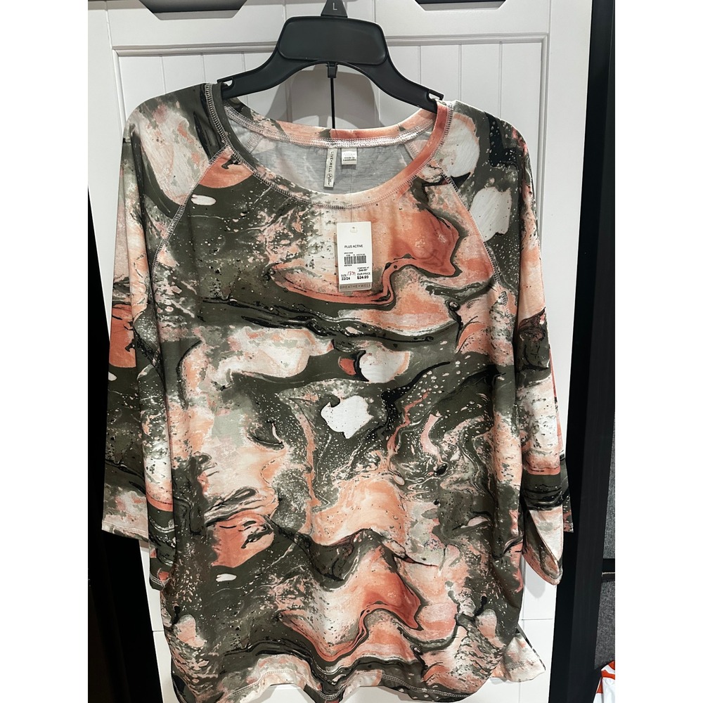 Live Well Active Women Plus Size 22/24W Marble Print Raglan Top Coral Green